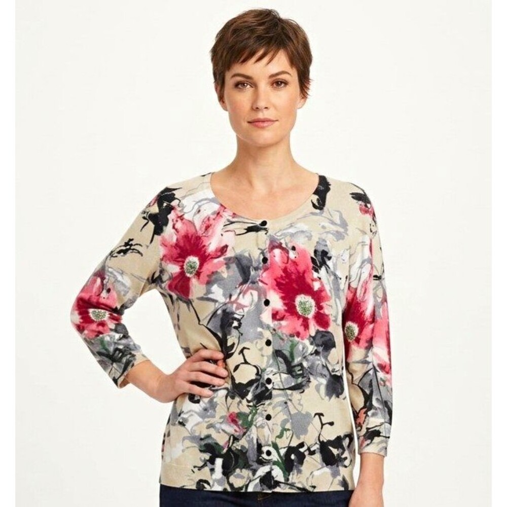 Joseph A. Womens Cardigan Sweater 2X  Floral Knit 3/4 Slv Button Front office